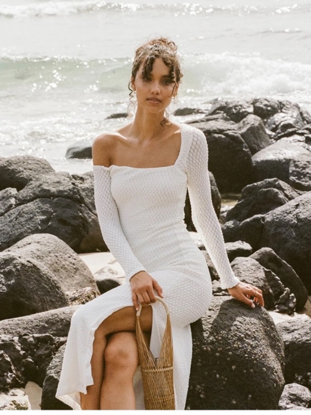 Sabo Skirt Cream Textured Scoop Neck Maxi Dress